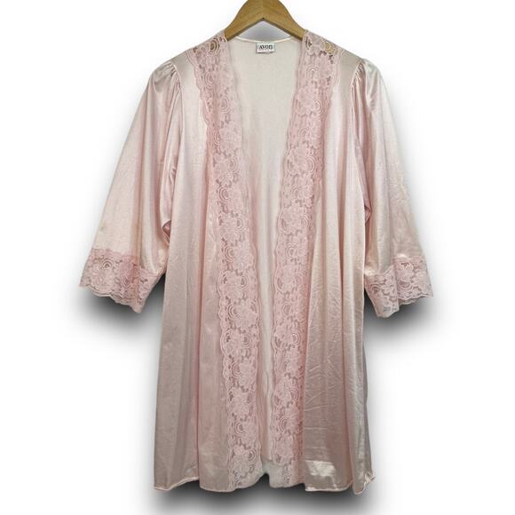 Vintage Avon Style Pink Satin Nylon Open Lace Trim Robe Midi Length Small Medium - Picture 4 of 9